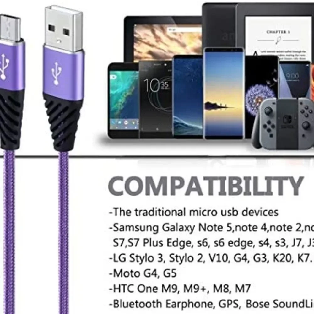 4 Pk MICRO USB Cable 1FT Short Phone Charger Nylon Braided Android NEW